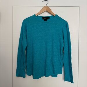 Shanghai Tang Top Shirt Womens Sz S Teal 100% Linen Long Sleeve Beach Coastal